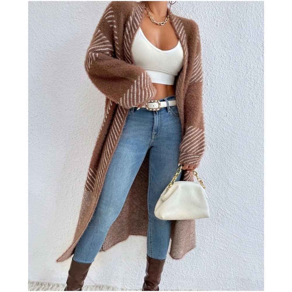 Cozy Color Block Stripes Fuzzy Open Front Cardigan - Picture 2 of 12
